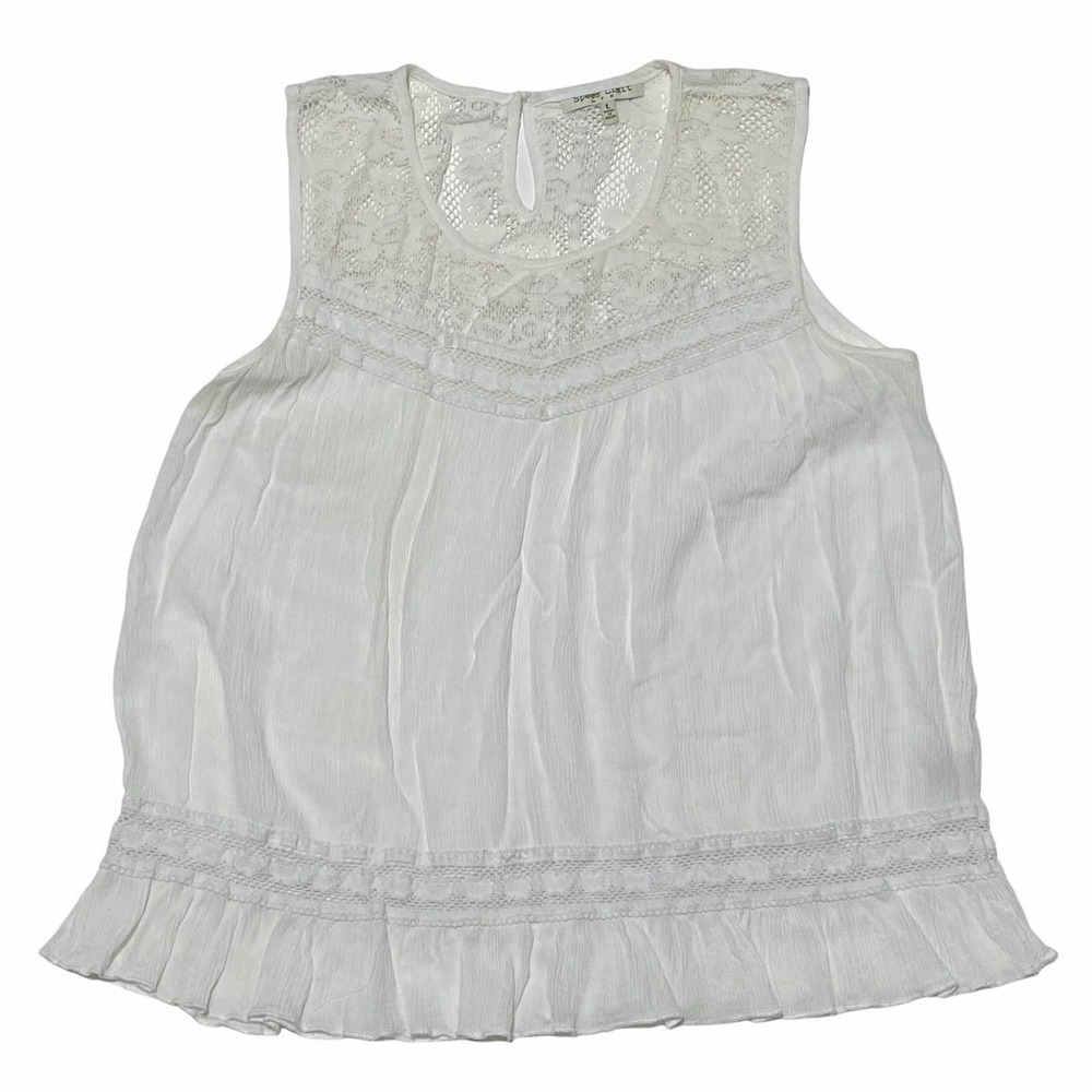 SPEED Limit MPH White Sheer Lace Yoke Sleeveless Crochet Blouse - Picture 6 of 12